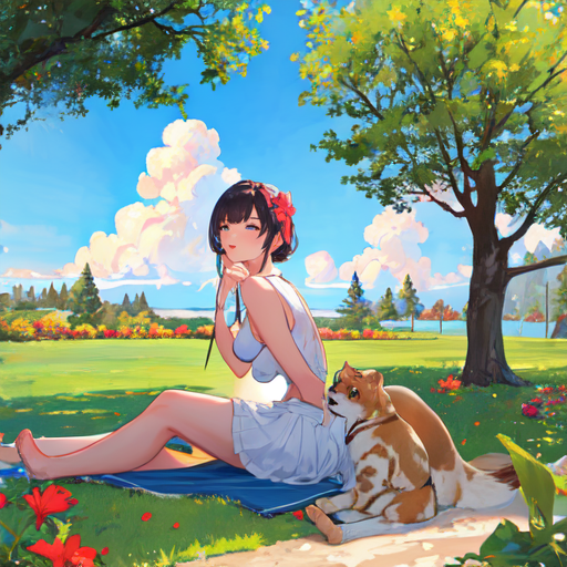 犬と芝生がきれいな公園で休んでいる少女