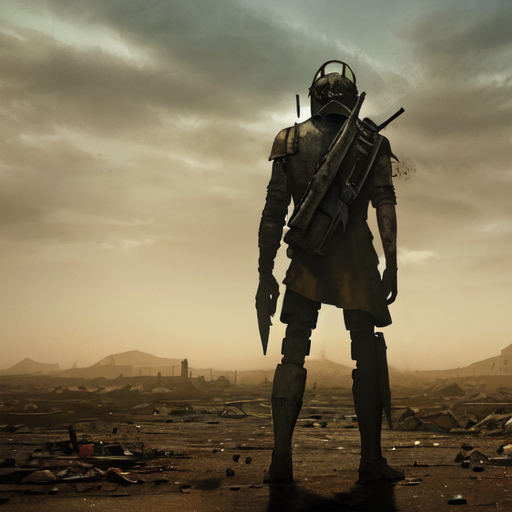 荒れ果てた土地で立ちすくんでいる未来人