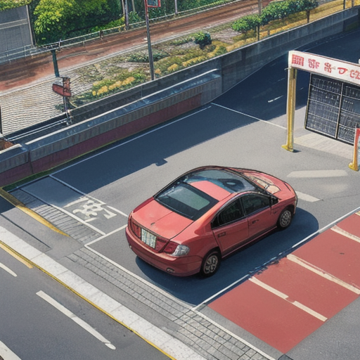 赤い車が一台止まっている駐車場の背景イラストフリー画像