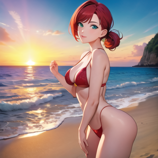 夕方の砂浜、水着姿の彼女と二人きり